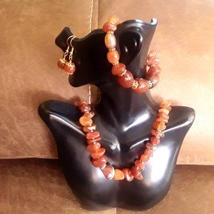Carnelian beads stretch! necklace ,bracelet, earrings set.
